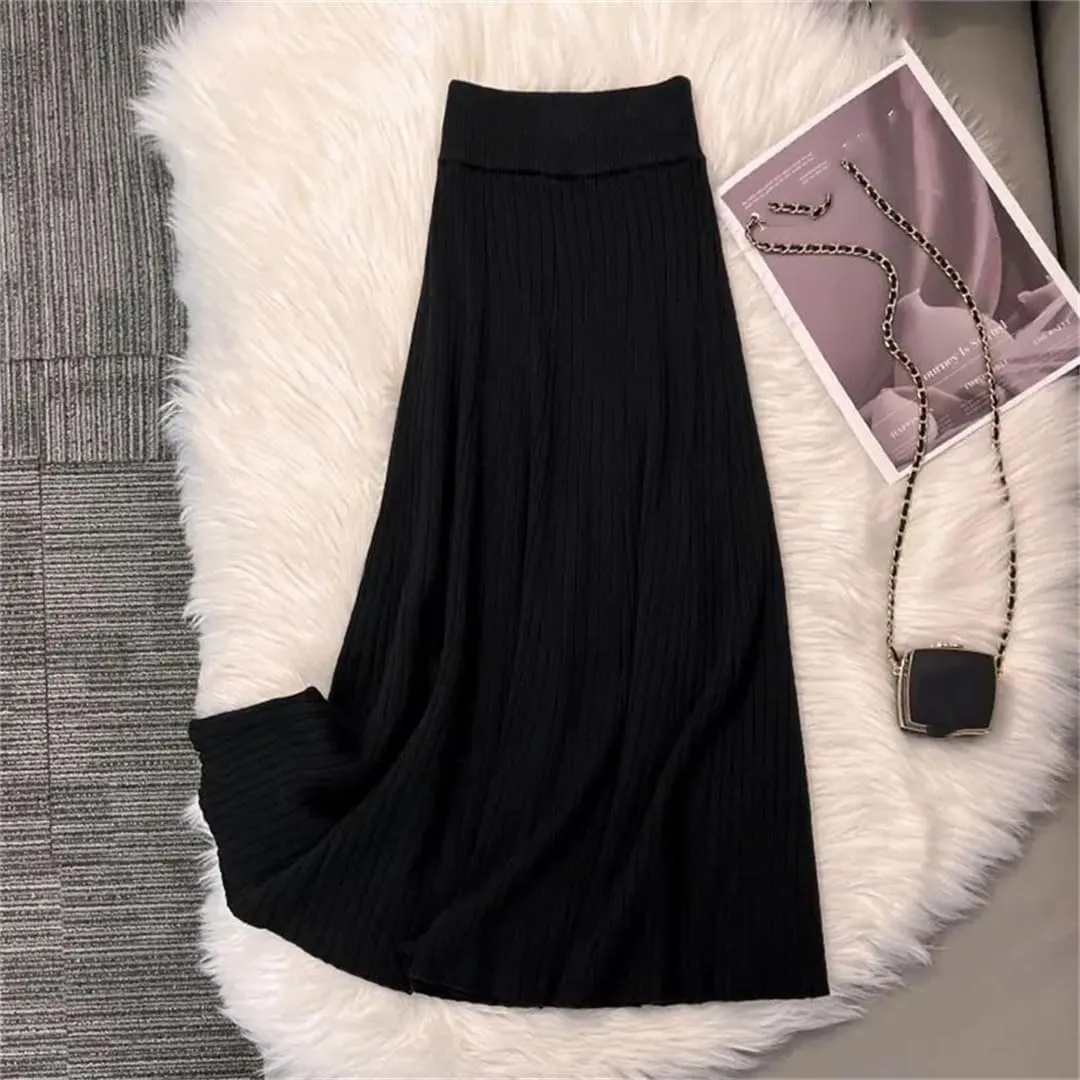 Women's Solid Color Pleated Knit Skirt Stretch High Waist A-Line Office Midi Skirts