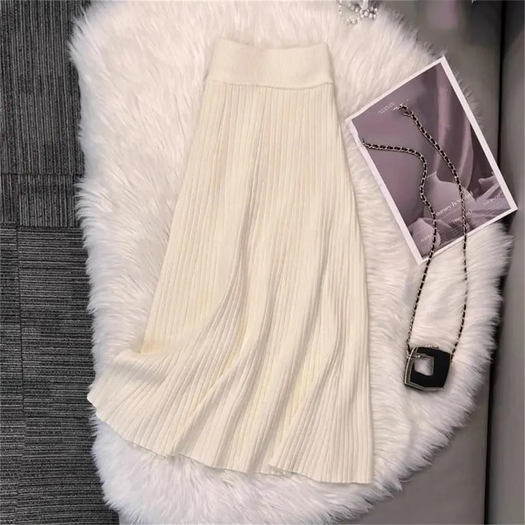 Women's Solid Color Pleated Knit Skirt Stretch High Waist A-Line Office Midi Skirts