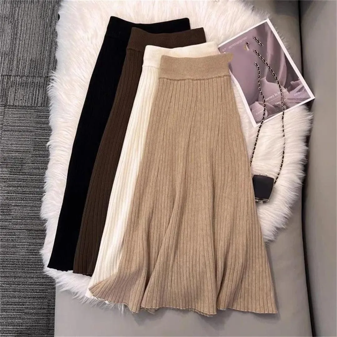 Women's Solid Color Pleated Knit Skirt Stretch High Waist A-Line Office Midi Skirts