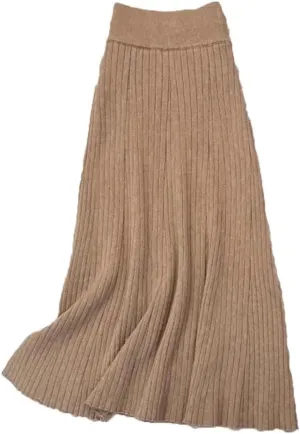 Women's Solid Color Pleated Knit Skirt Stretch High Waist A-Line Office Midi Skirts