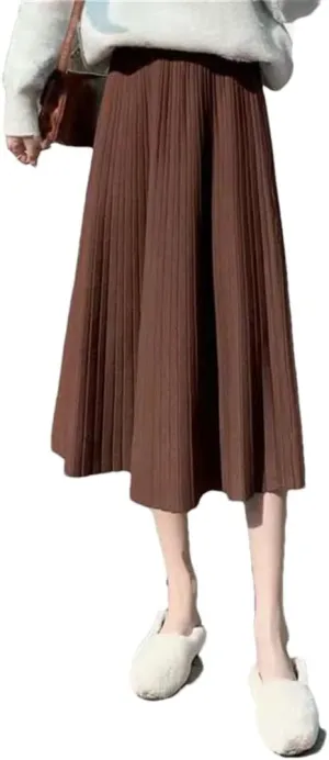 Women's Solid Color Pleated Knit Skirt Stretch High Waist A-Line Office Midi Skirts