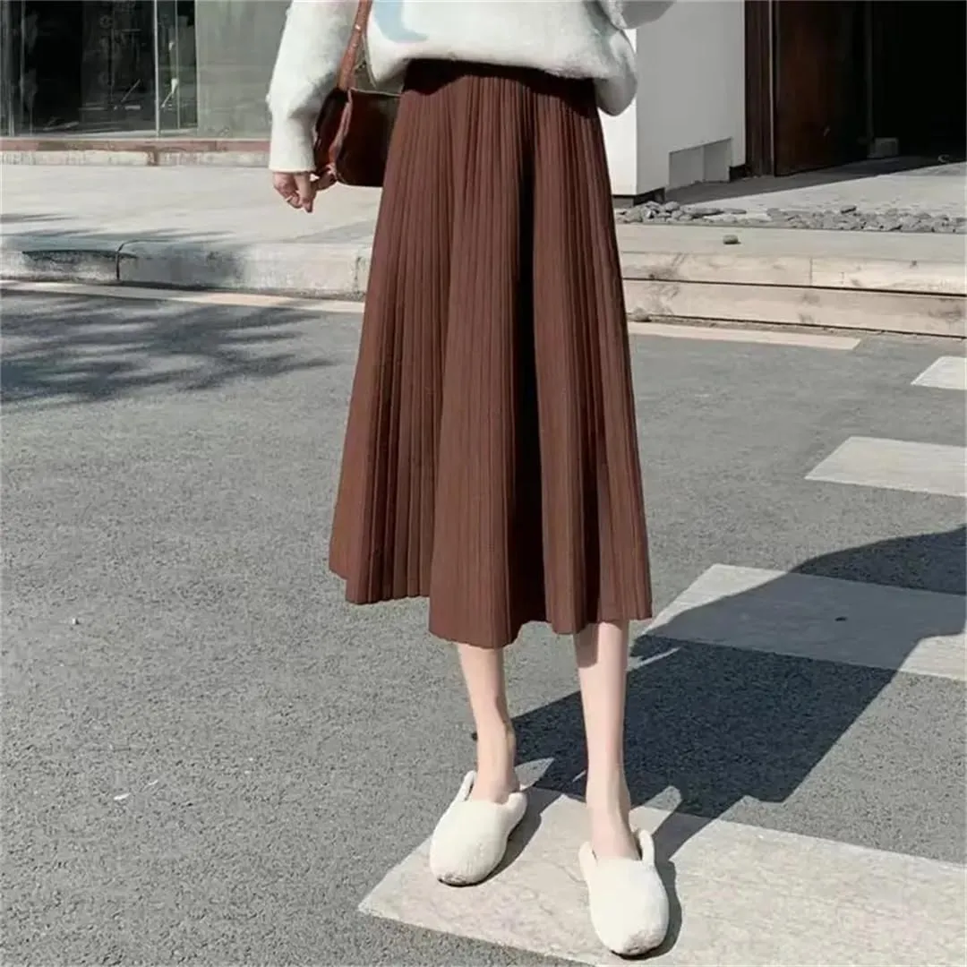 Women's Solid Color Pleated Knit Skirt Stretch High Waist A-Line Office Midi Skirts