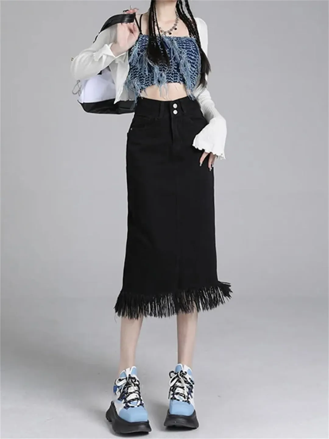 Women's Spring Autumn High-Waisted Vintage Denim Skirt A-Line Midi Skirt A Split Skirt