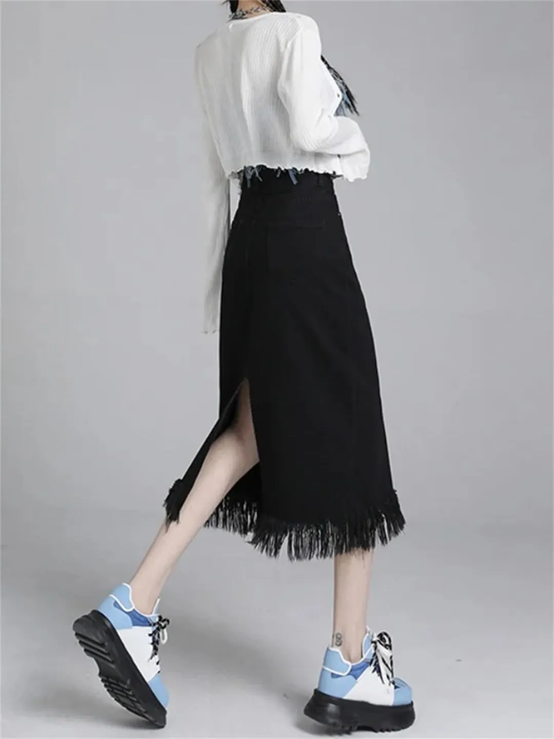 Women's Spring Autumn High-Waisted Vintage Denim Skirt A-Line Midi Skirt A Split Skirt