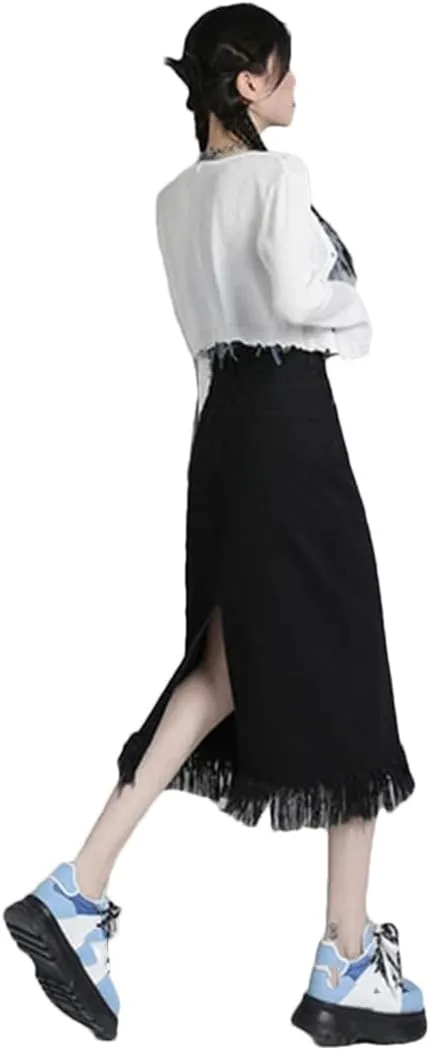 Women's Spring Autumn High-Waisted Vintage Denim Skirt A-Line Midi Skirt A Split Skirt
