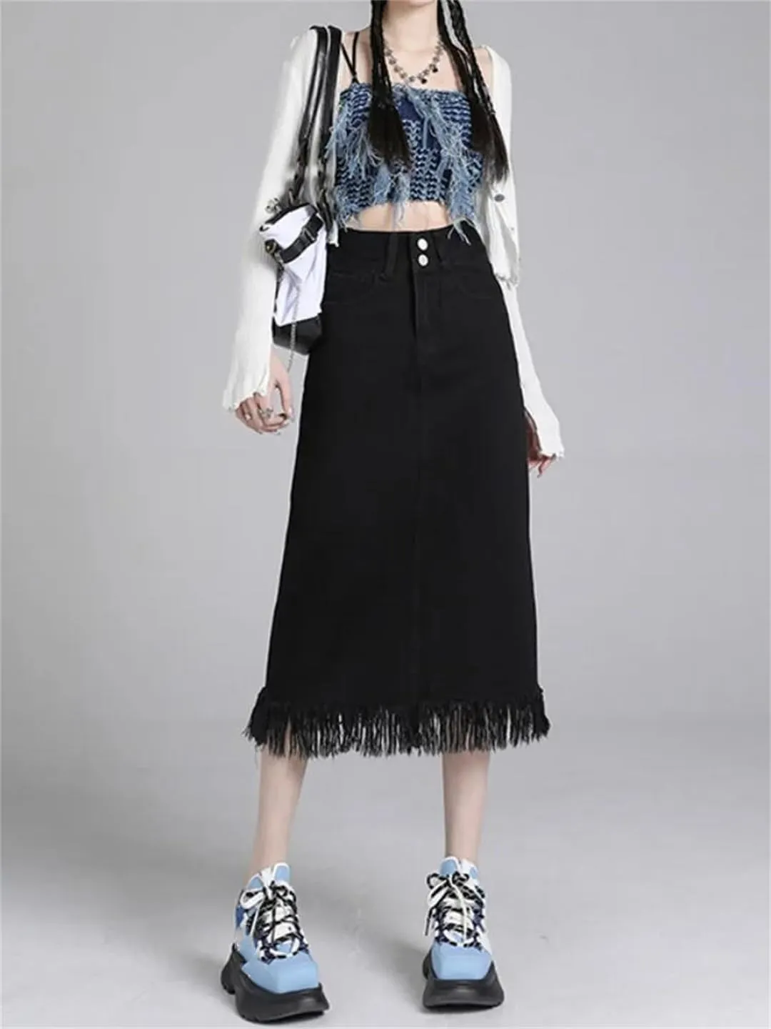Women's Spring Autumn High-Waisted Vintage Denim Skirt A-Line Midi Skirt A Split Skirt