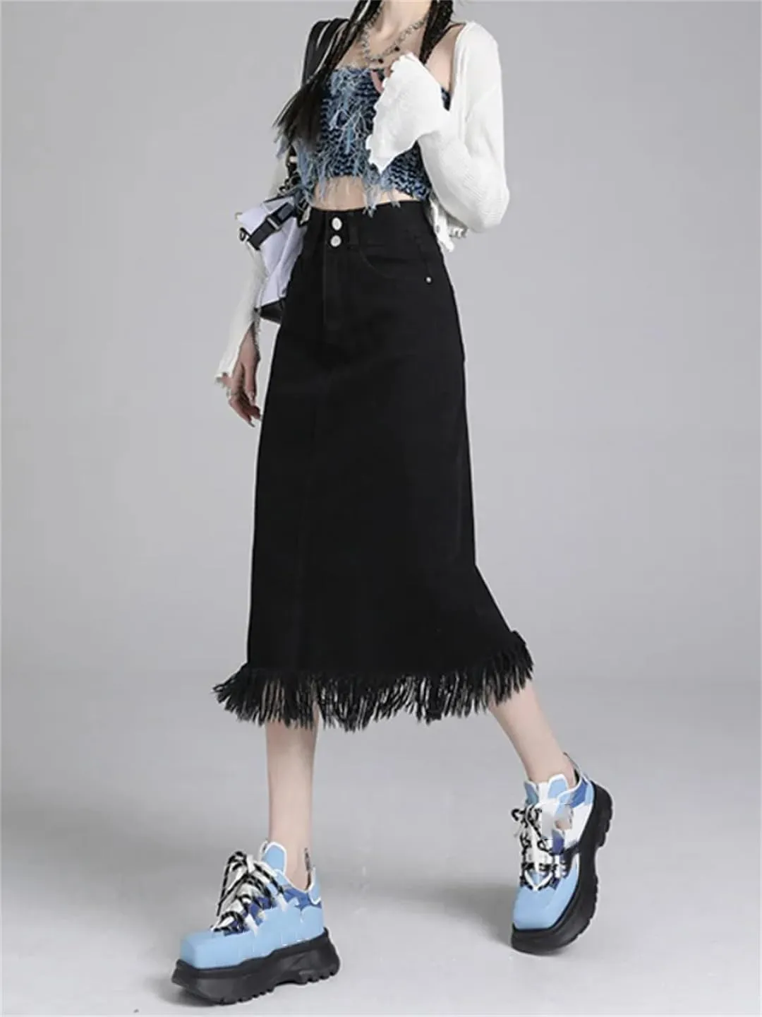 Women's Spring Autumn High-Waisted Vintage Denim Skirt A-Line Midi Skirt A Split Skirt
