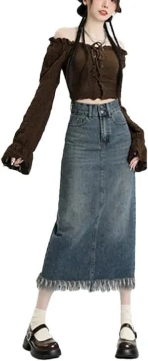 Women's Spring Autumn High-Waisted Vintage Denim Skirt A-Line Midi Skirt A Split Skirt