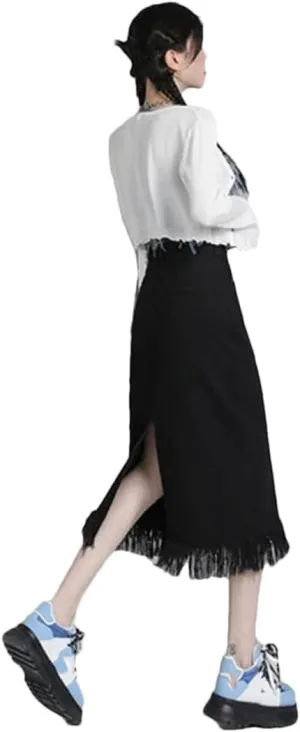 Women's Spring Autumn High-Waisted Vintage Denim Skirt A-Line Midi Skirt A Split Skirt