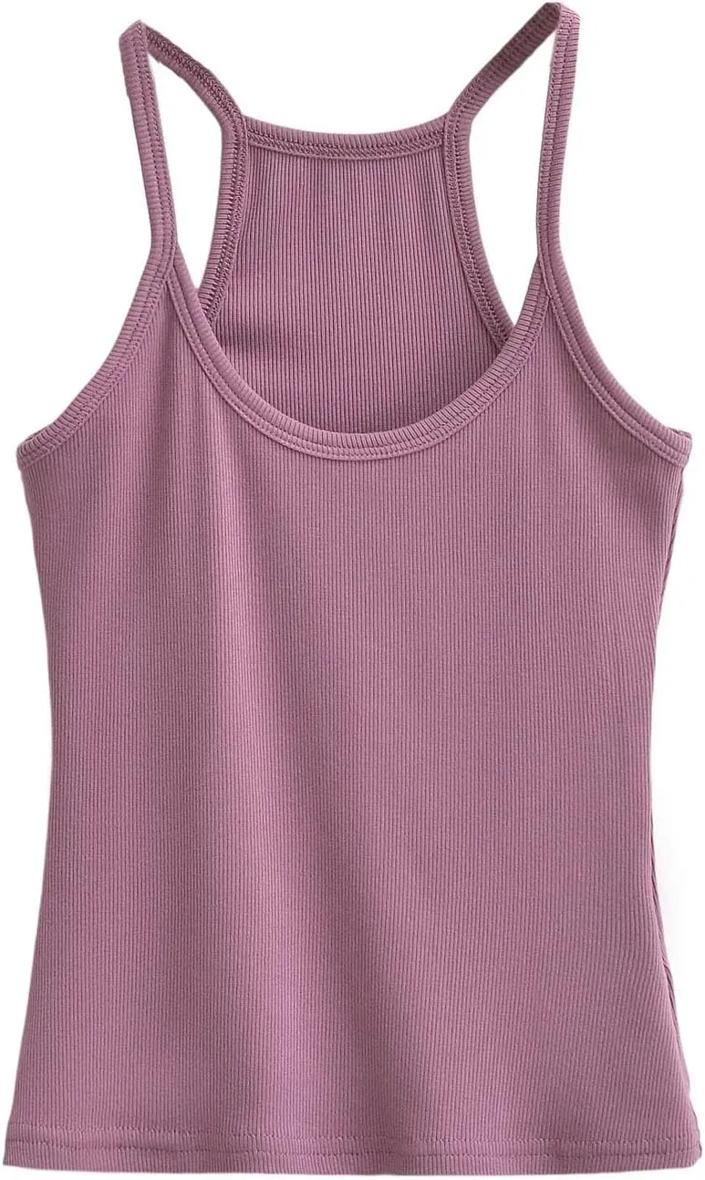 Women's Stretch Thin Camisole Summer Round Neck Casual Short Knit Tank Top