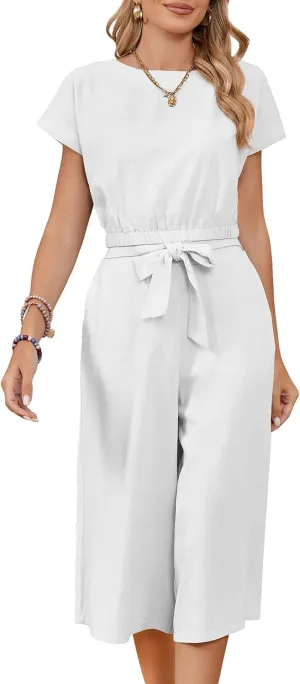 Women's Summer 2 Piece Outfit Cap Sleeve Crewneck Crop Top Capri Wide Leg Pants Lounge Sets for Women