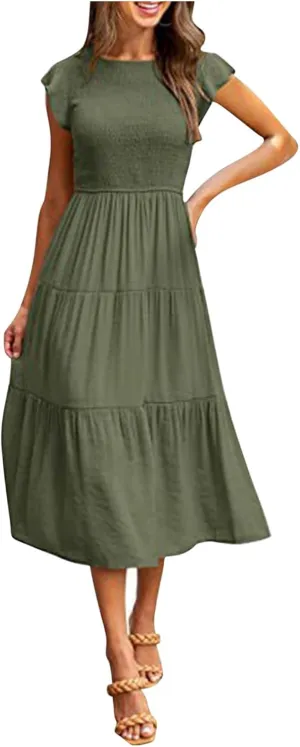 Women's Summer Flowy Midi Dress Casual Cap Sleeve Crew Neck Smocked Beach Dress High Waist Tiered A-Line Sundress