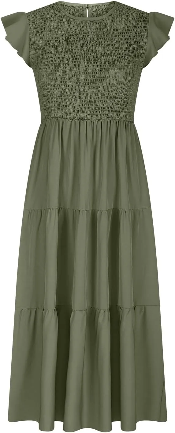 Women's Summer Flowy Midi Dress Casual Cap Sleeve Crew Neck Smocked Beach Dress High Waist Tiered A-Line Sundress