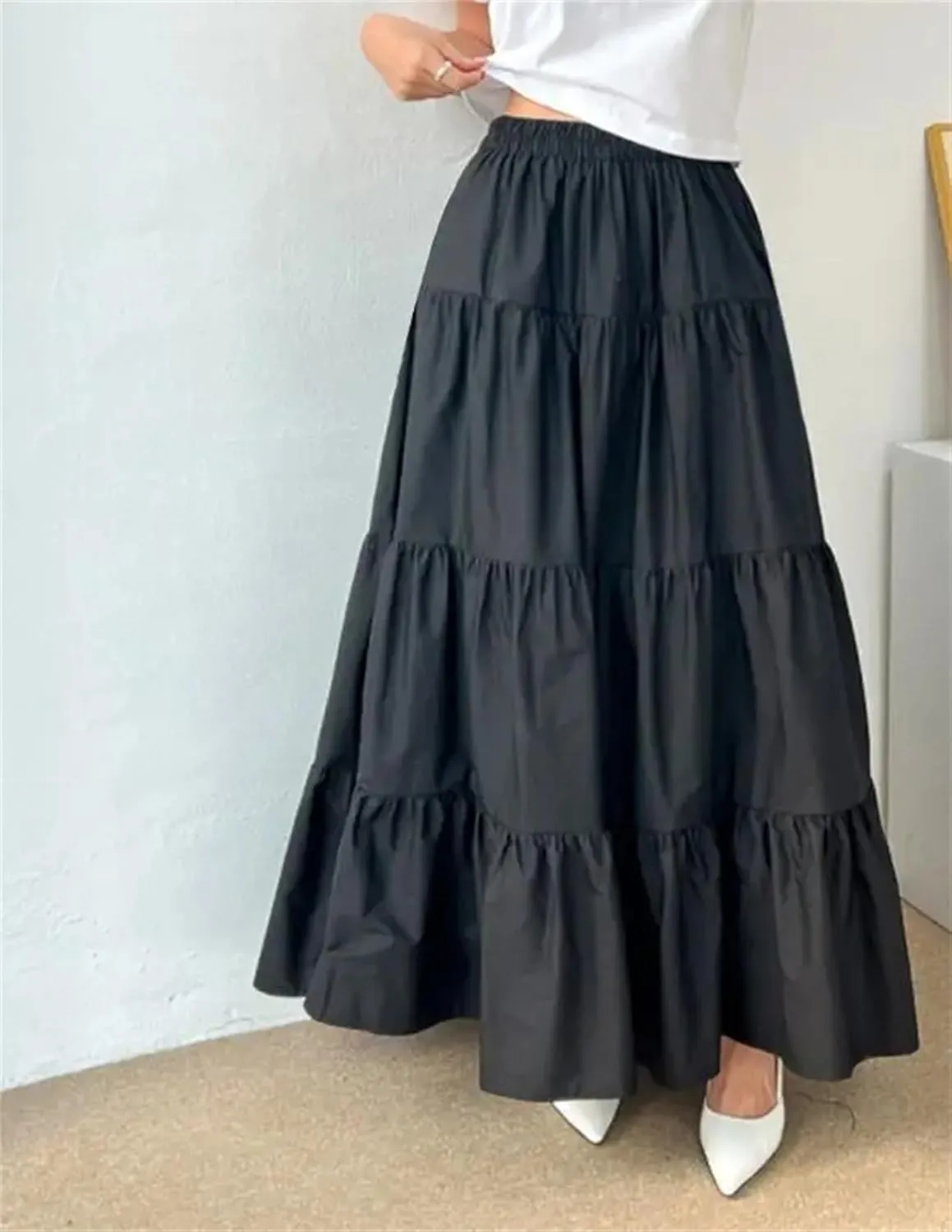 WomenS Summer Flowy Swing Tiered A-Line Maxi Skirt Fashion Elastic Waist Pleated Long Beach Skirts