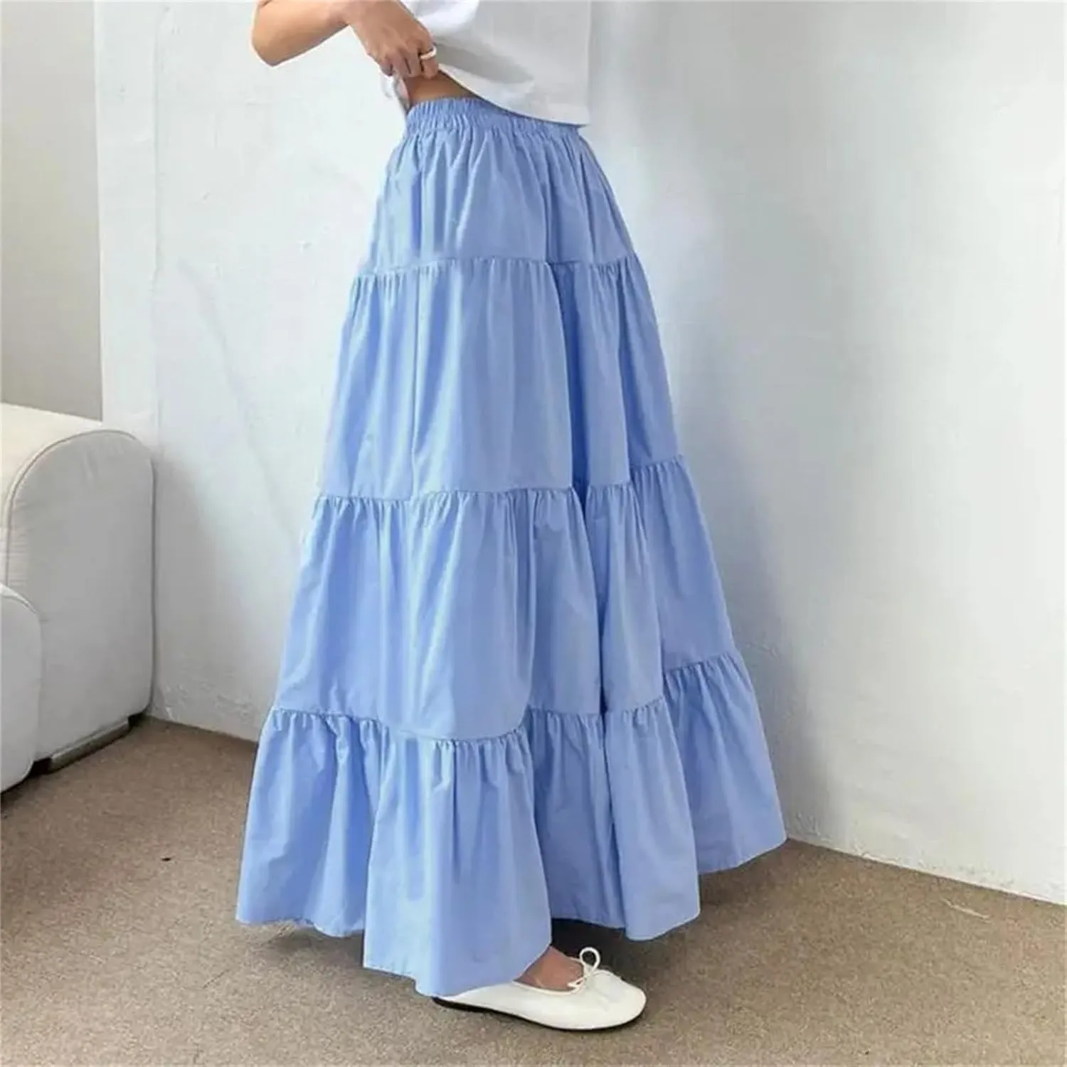 WomenS Summer Flowy Swing Tiered A-Line Maxi Skirt Fashion Elastic Waist Pleated Long Beach Skirts