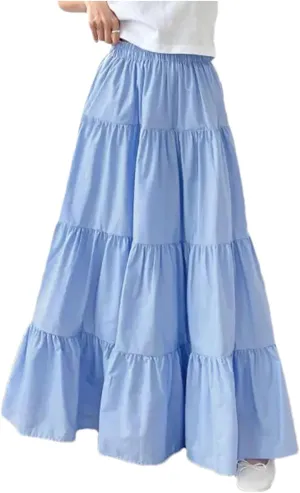 WomenS Summer Flowy Swing Tiered A-Line Maxi Skirt Fashion Elastic Waist Pleated Long Beach Skirts