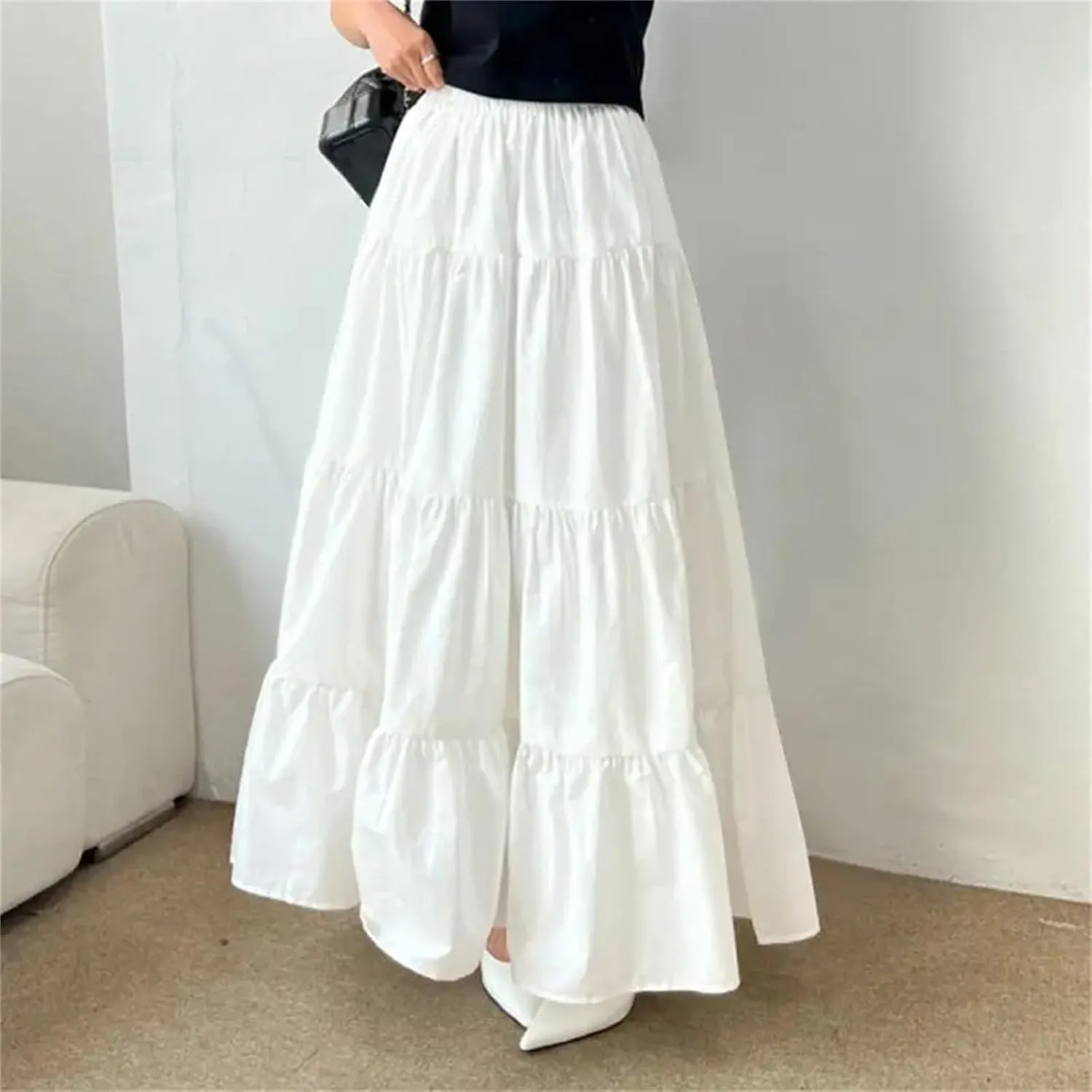 WomenS Summer Flowy Swing Tiered A-Line Maxi Skirt Fashion Elastic Waist Pleated Long Beach Skirts