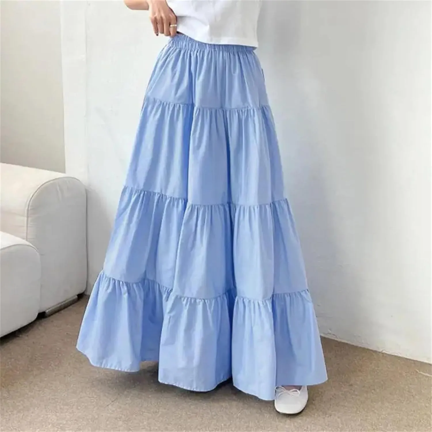 WomenS Summer Flowy Swing Tiered A-Line Maxi Skirt Fashion Elastic Waist Pleated Long Beach Skirts