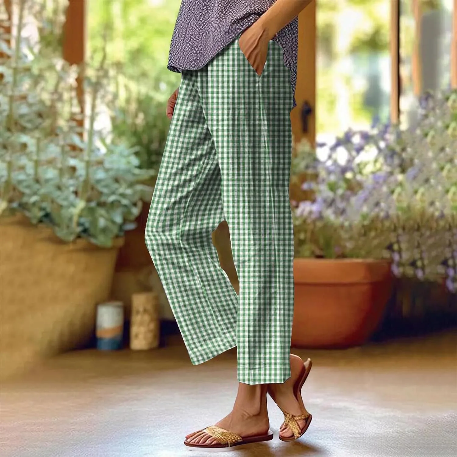 Womens Summer Pants Casual Cotton Linen Checkered Straight Leg Pants Loose Fit Work Business Long Trousers