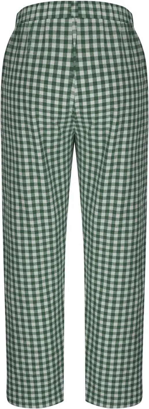 Womens Summer Pants Casual Cotton Linen Checkered Straight Leg Pants Loose Fit Work Business Long Trousers