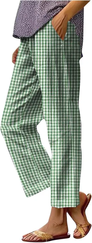 Womens Summer Pants Casual Cotton Linen Checkered Straight Leg Pants Loose Fit Work Business Long Trousers