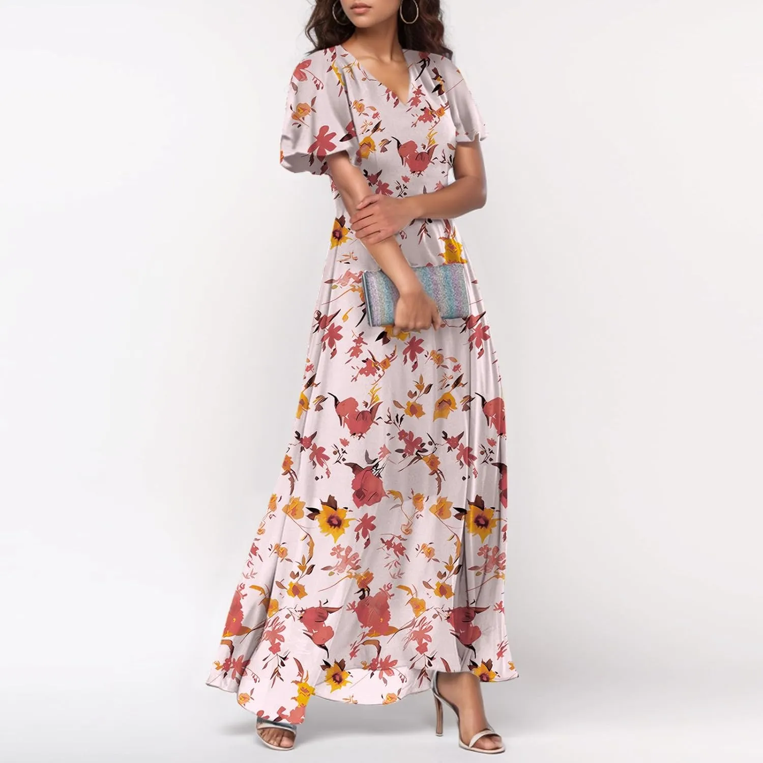 Women's Summer Wrap V Neck Long Maxi Dress Casual Boho Floral V Neck Short Sleeve Split Ladies Bohemian Dresses