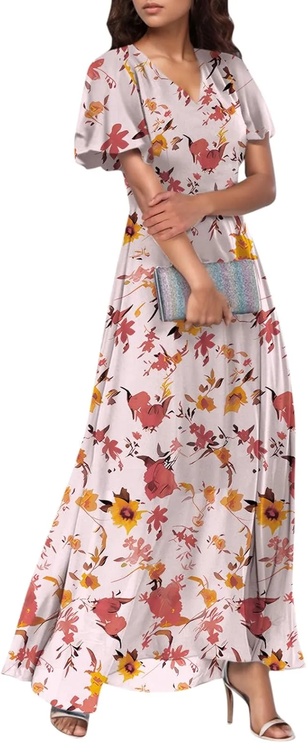 Women's Summer Wrap V Neck Long Maxi Dress Casual Boho Floral V Neck Short Sleeve Split Ladies Bohemian Dresses