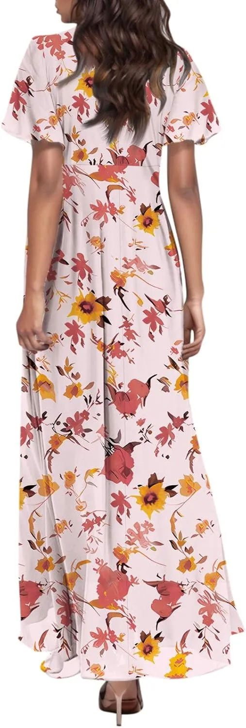 Women's Summer Wrap V Neck Long Maxi Dress Casual Boho Floral V Neck Short Sleeve Split Ladies Bohemian Dresses