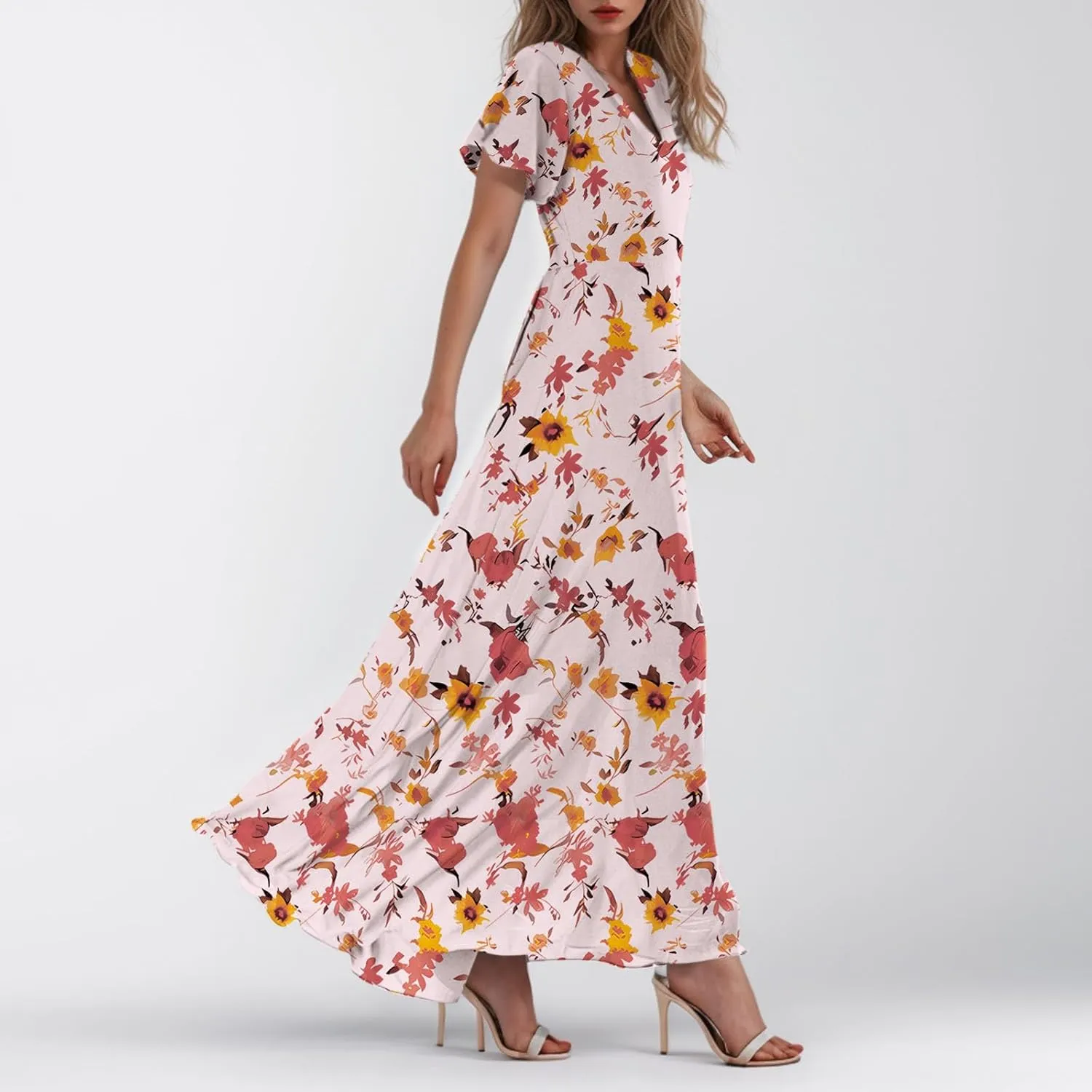 Women's Summer Wrap V Neck Long Maxi Dress Casual Boho Floral V Neck Short Sleeve Split Ladies Bohemian Dresses