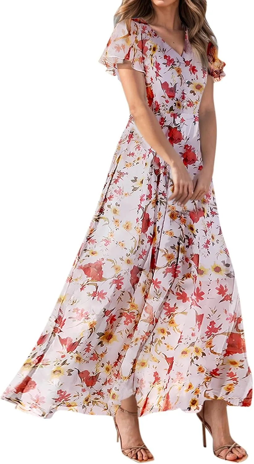 Women's Summer Wrap V Neck Long Maxi Dress Casual Boho Floral V Neck Short Sleeve Split Ladies Bohemian Dresses