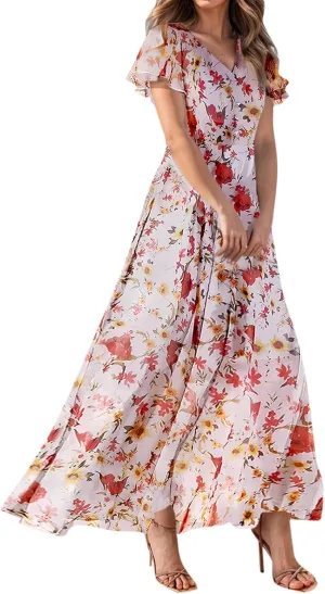 Women's Summer Wrap V Neck Long Maxi Dress Casual Boho Floral V Neck Short Sleeve Split Ladies Bohemian Dresses