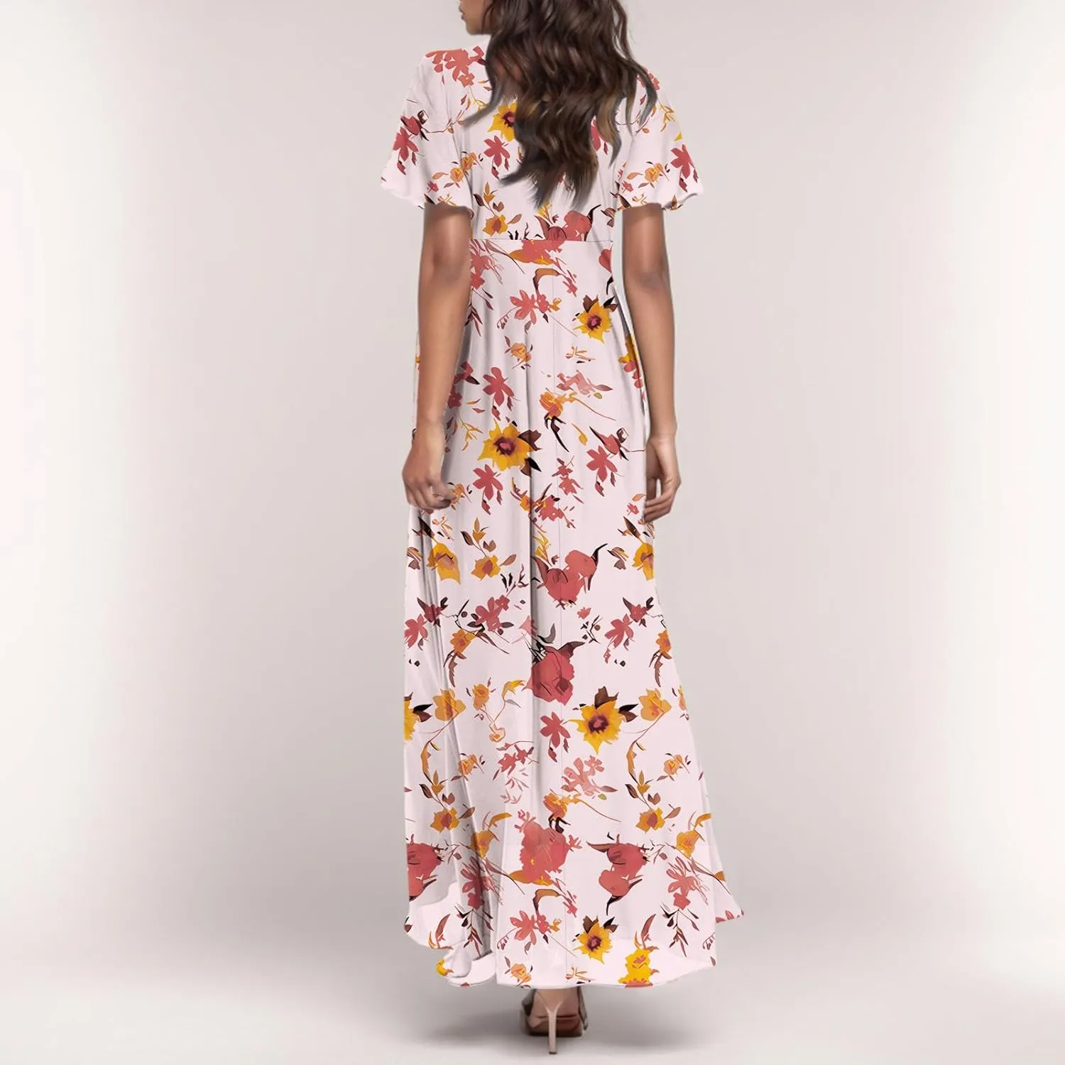 Women's Summer Wrap V Neck Long Maxi Dress Casual Boho Floral V Neck Short Sleeve Split Ladies Bohemian Dresses