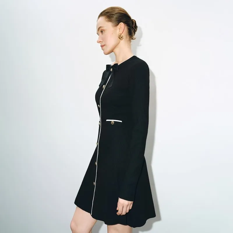 Women's Sweater Dress Long Sleeve Knit Button Down Dress Bow Tie Crew Neck Mini A-Line Dresses Fall Winter