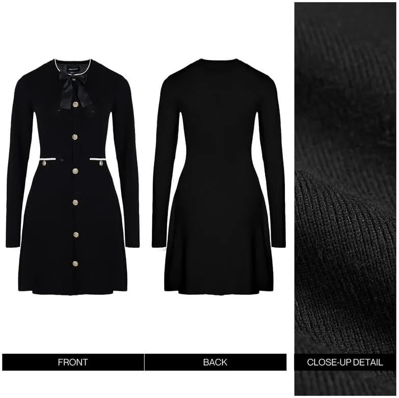 Women's Sweater Dress Long Sleeve Knit Button Down Dress Bow Tie Crew Neck Mini A-Line Dresses Fall Winter