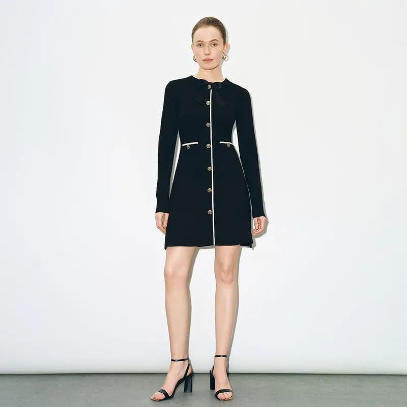 Women's Sweater Dress Long Sleeve Knit Button Down Dress Bow Tie Crew Neck Mini A-Line Dresses Fall Winter