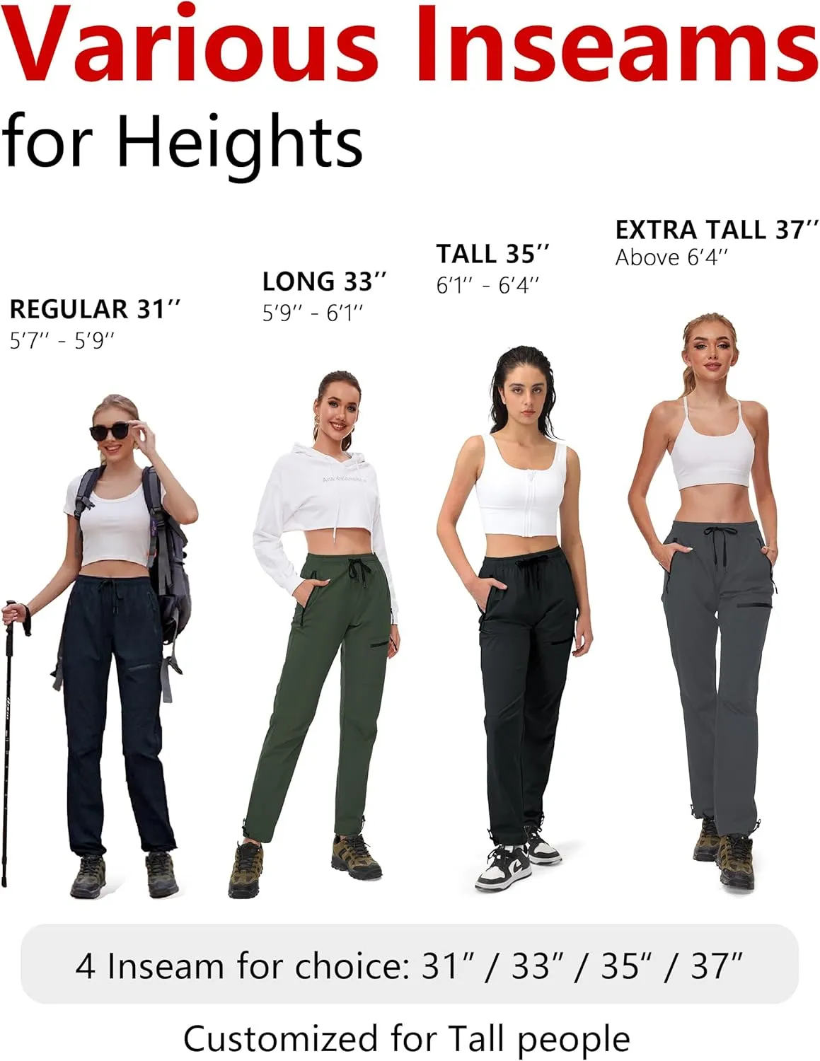 Women's Tall Hiking Pants 31/33/35/37 Inseam Quick Dry Lightweight Water Resistant Cargo Pants 4 Zipper Pockets