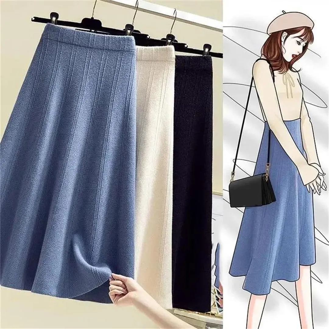 Women's Thickened Knitted Skirt Elastic Waist Solid Color A-Line Pleated Casual Midi Skirts