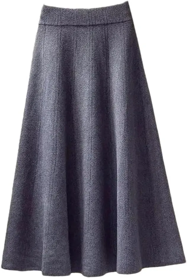Women's Thickened Knitted Skirt Elastic Waist Solid Color A-Line Pleated Casual Midi Skirts