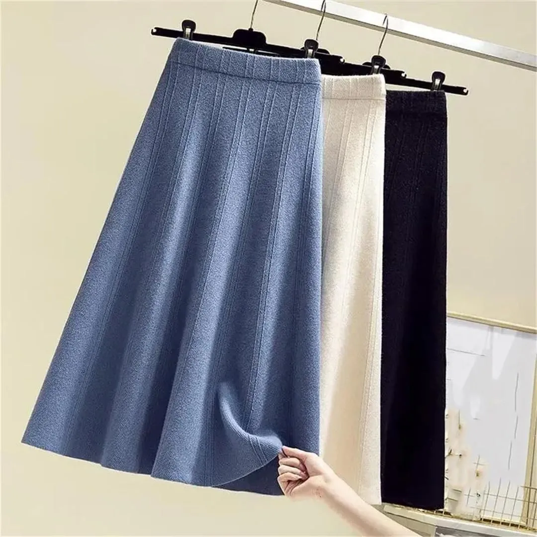 Women's Thickened Knitted Skirt Elastic Waist Solid Color A-Line Pleated Casual Midi Skirts