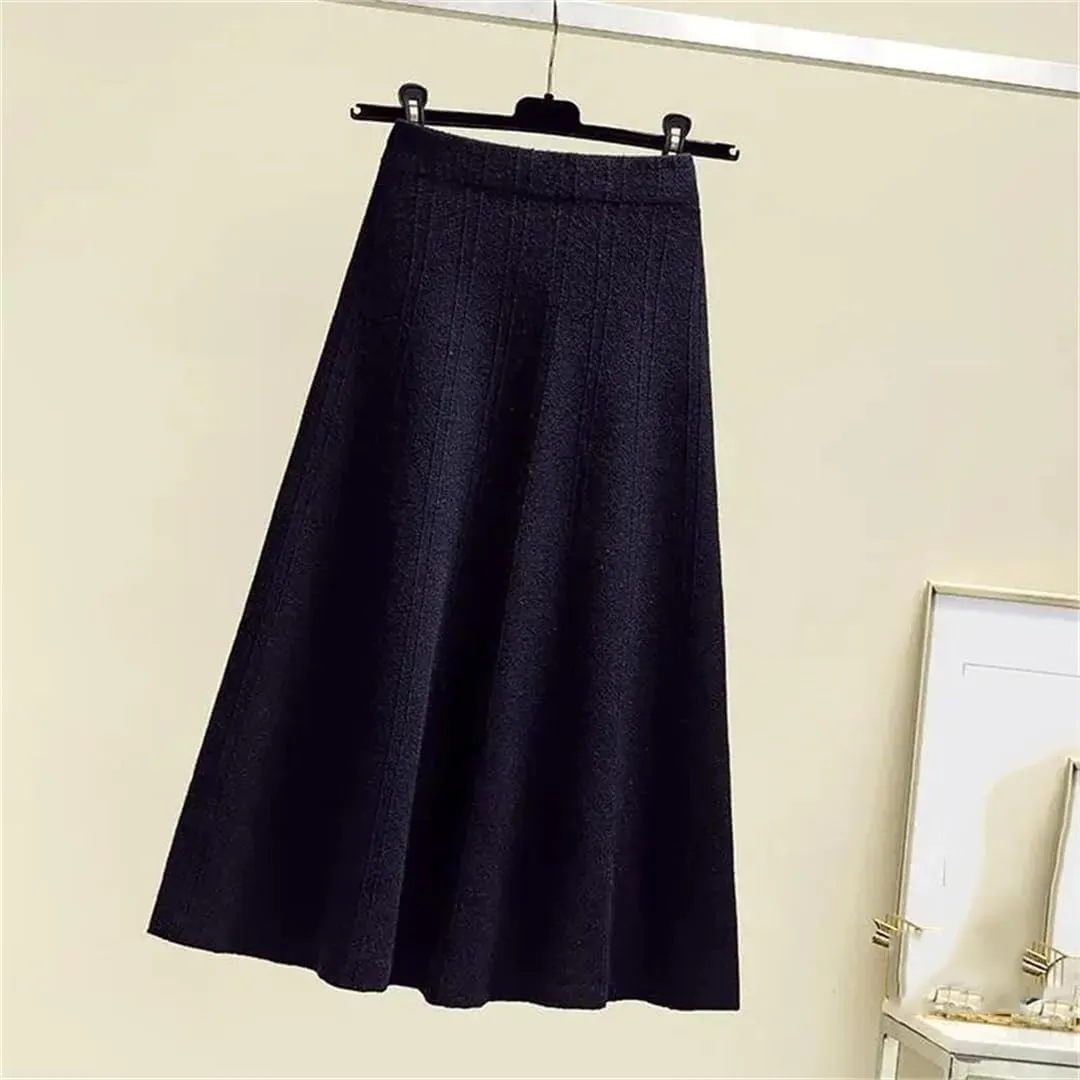 Women's Thickened Knitted Skirt Elastic Waist Solid Color A-Line Pleated Casual Midi Skirts