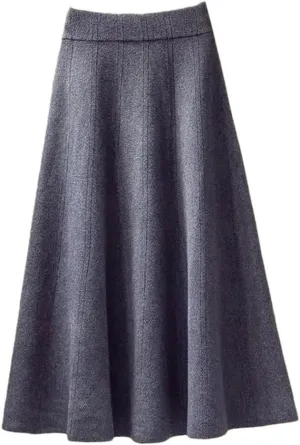 Women's Thickened Knitted Skirt Elastic Waist Solid Color A-Line Pleated Casual Midi Skirts