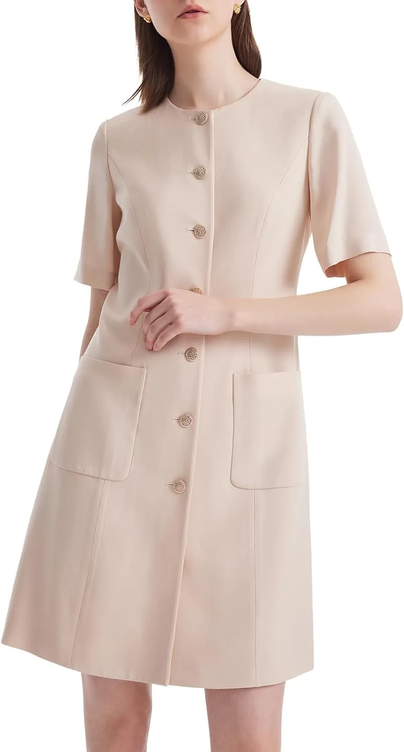 Women's Triacetate Mini Dress Summer Business Casual A Line V-Neck Button Dresses for Wedding Guest Teacher Work