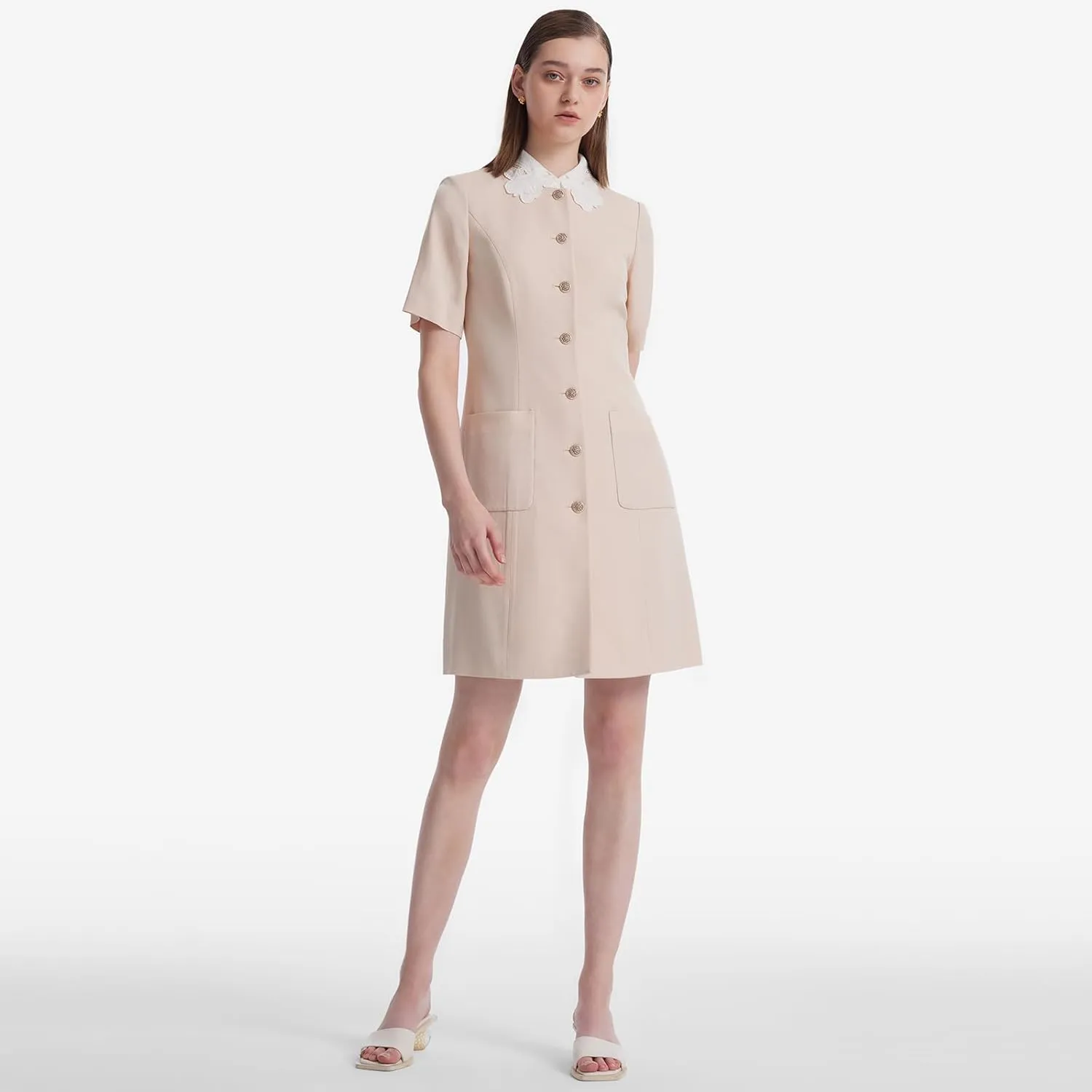 Women's Triacetate Mini Dress Summer Business Casual A Line V-Neck Button Dresses for Wedding Guest Teacher Work