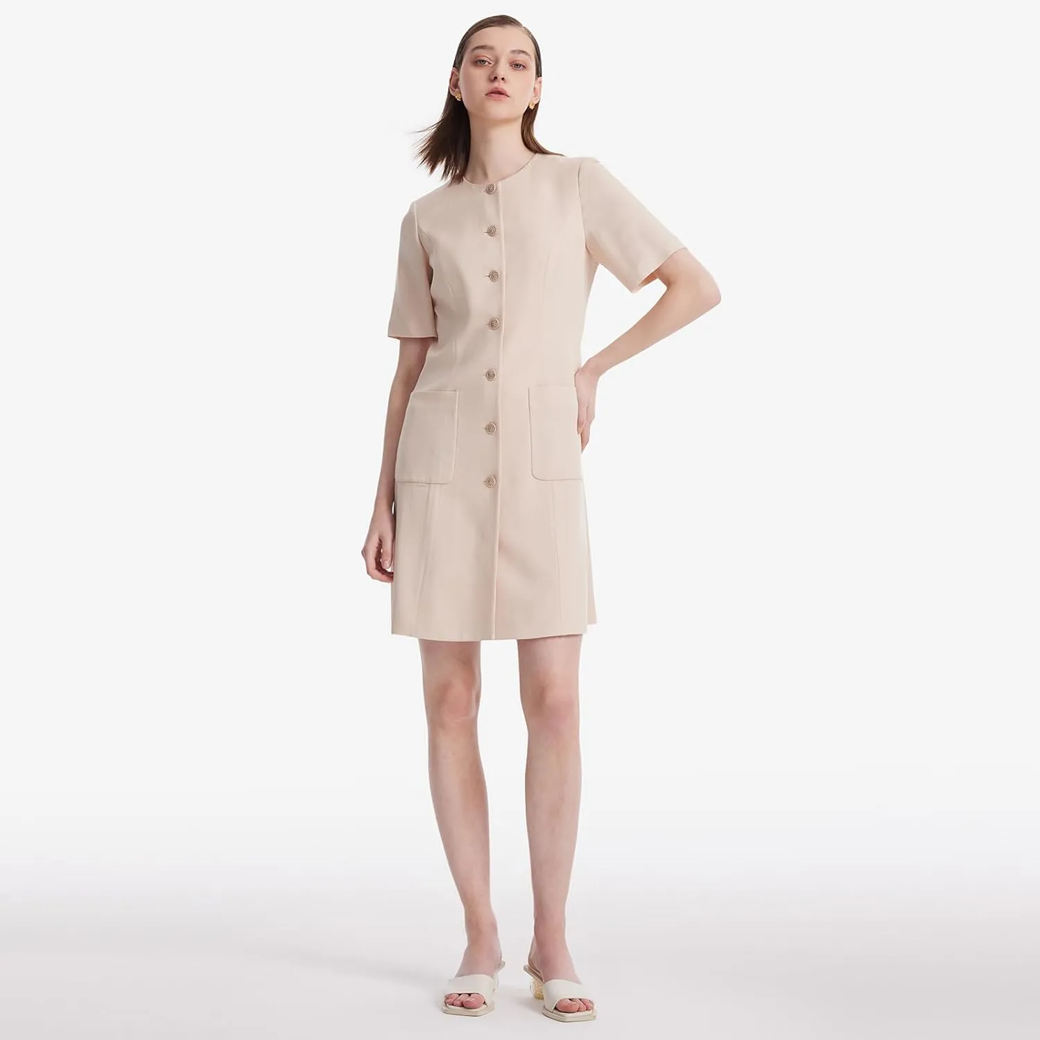 Women's Triacetate Mini Dress Summer Business Casual A Line V-Neck Button Dresses for Wedding Guest Teacher Work
