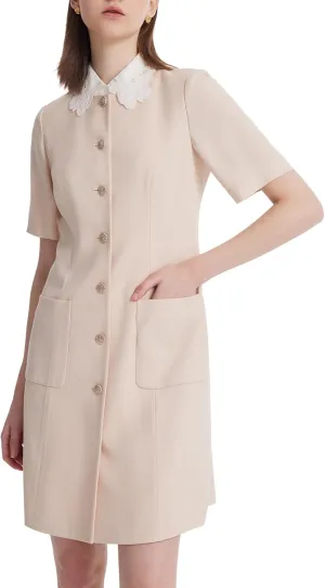 Women's Triacetate Mini Dress Summer Business Casual A Line V-Neck Button Dresses for Wedding Guest Teacher Work