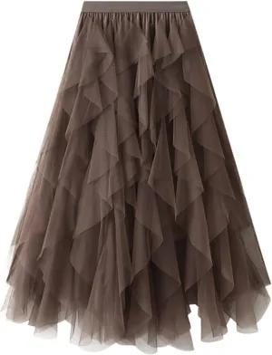 Womens Tulle Ruffle Midi Skirts Casual High Waisted A Line Tiered Tutu Pleated Fairy Skirt
