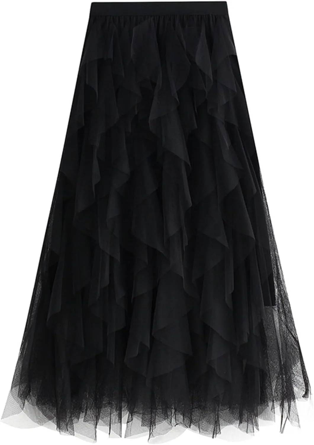 Womens Tulle Ruffle Midi Skirts Casual High Waisted A Line Tiered Tutu Pleated Fairy Skirt
