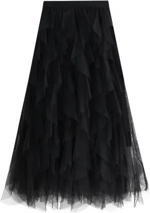 Womens Tulle Ruffle Midi Skirts Casual High Waisted A Line Tiered Tutu Pleated Fairy Skirt