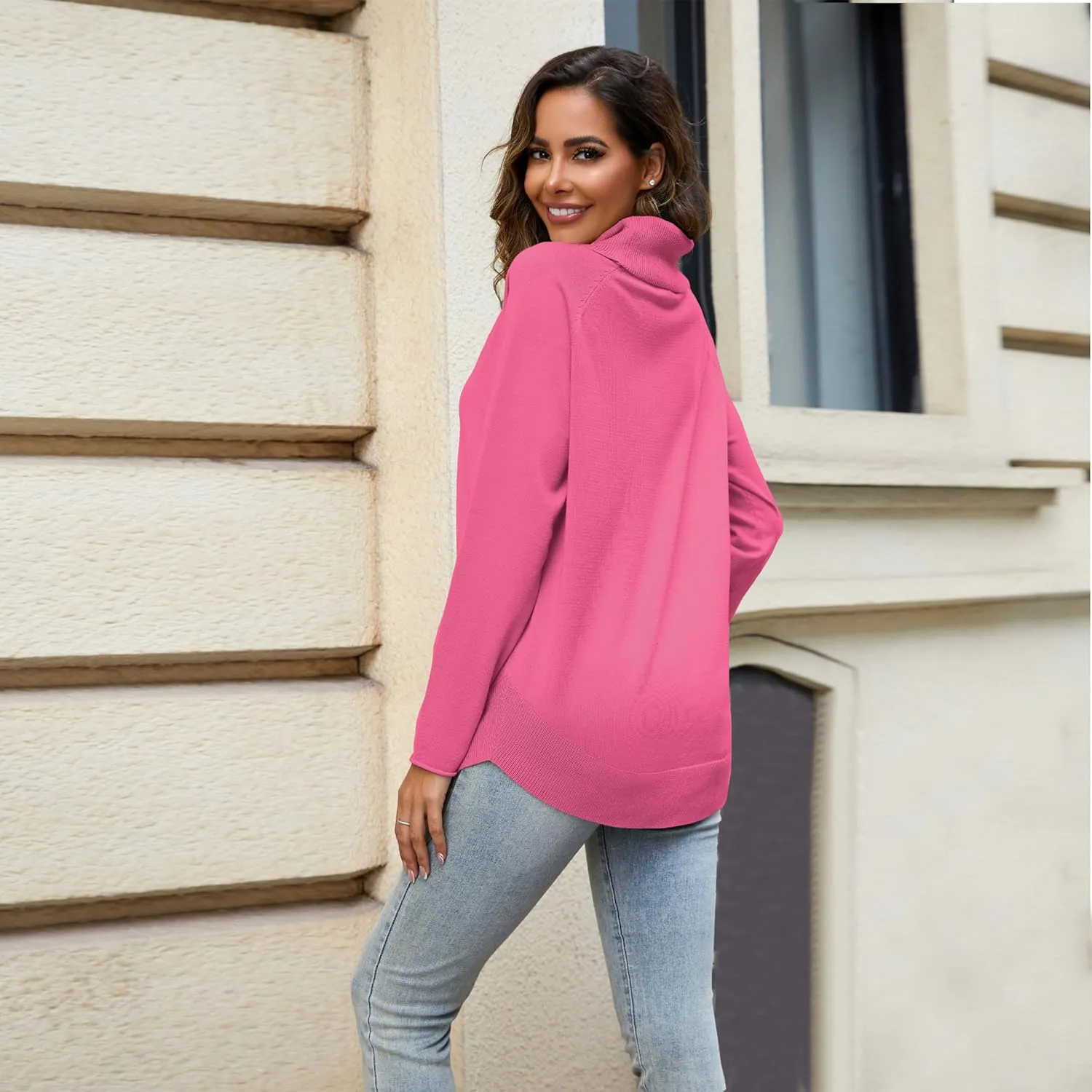Women's Turtleneck Knit Pullover Long Sleeve Casual Oversized Curved Hemline Sweater Tops