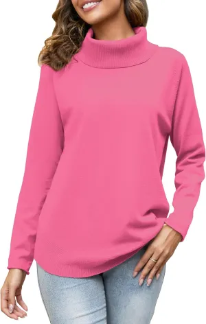 Women's Turtleneck Knit Pullover Long Sleeve Casual Oversized Curved Hemline Sweater Tops